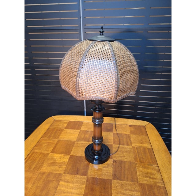Boho Chic Vintage 70's Tropical Bamboo Lamp With Wicker Shade For Sale - Image 3 of 8