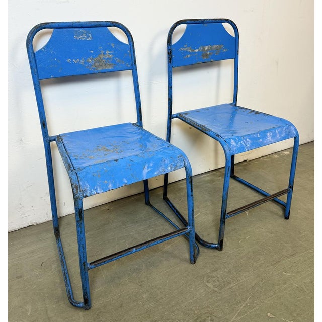 Set of Industrial Blue Iron Chairs, 1950s For Sale - Image 4 of 18