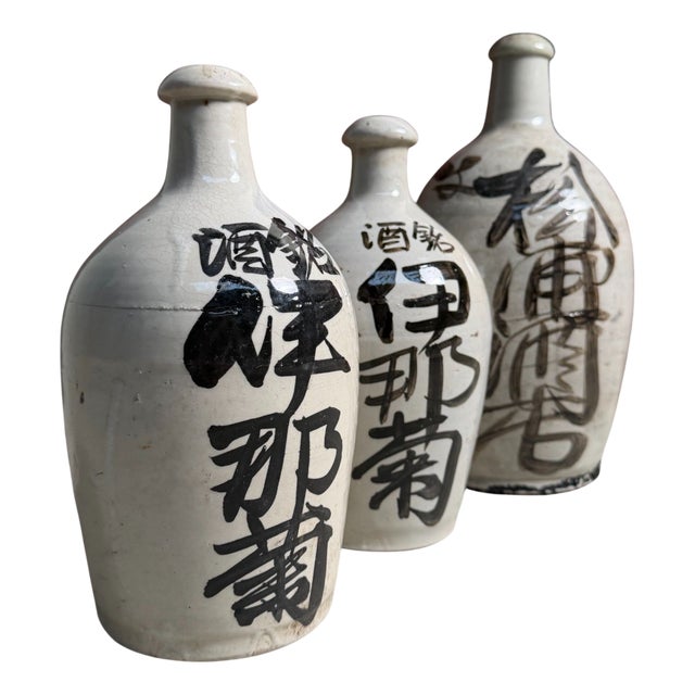 Japanese Tokkuri Sake Bottles with Calligraphy, 1940s, Set of 3 For Sale