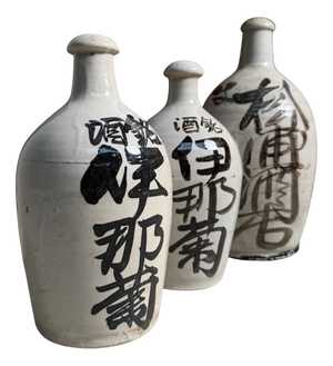 Japanese Tokkuri Sake Bottles with Calligraphy, 1940s, Set of 3