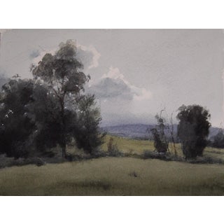 Summer Greens by Mo Myra | Watercolor on Paper Landscape with Trees and Fields For Sale
