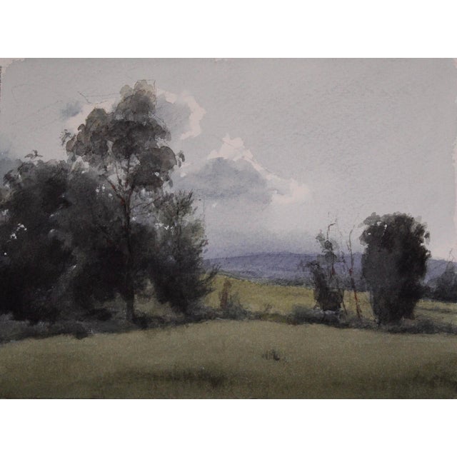 Summer Greens by Mo Myra | Watercolor on Paper Landscape with Trees and Fields For Sale