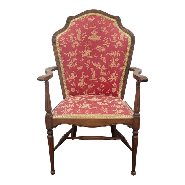 Vintage French Country Side Chair W Rose Color Oriental Asian Influence Fabric For Sale
