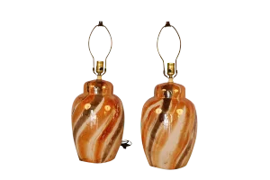 Pair Mid Century Glazed Ginger Jar Table Lamps