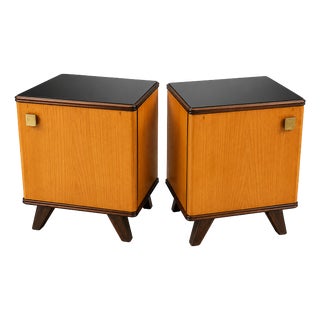 Vintage Bedside Tables in Wood with Black Glass Tops, 1950s, Set of 2 For Sale