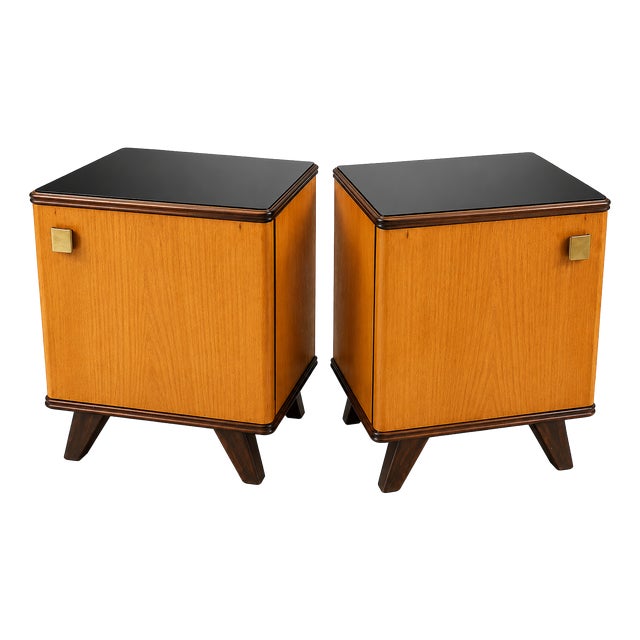 Vintage Bedside Tables in Wood with Black Glass Tops, 1950s, Set of 2 For Sale