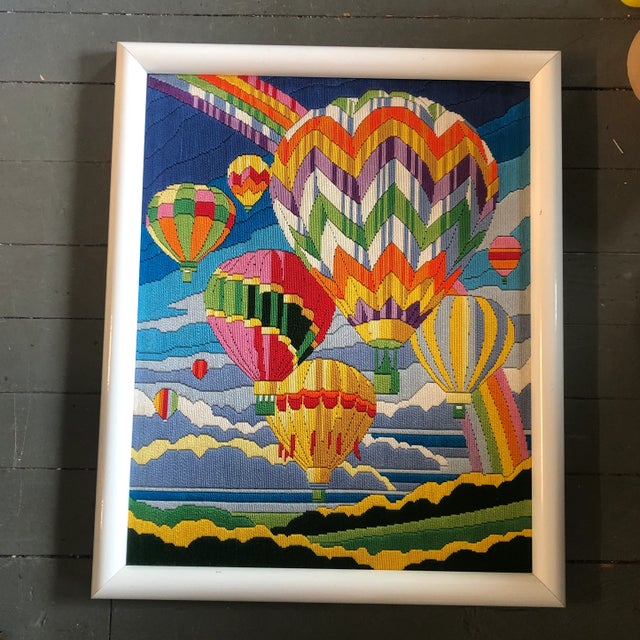 Original Vintage Hot Air Balloons Hand Done Needlework Picture 1970’s For Sale - Image 4 of 4