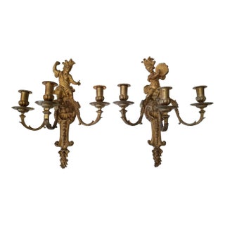 Figural Gilt Brass Wall Sconces - a Pair For Sale