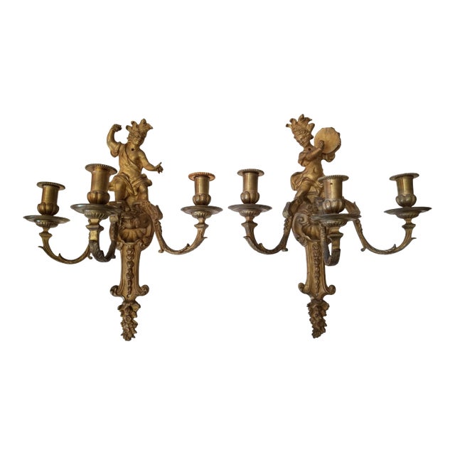 Figural Gilt Brass Wall Sconces - a Pair For Sale