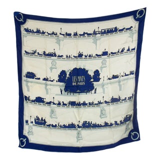 1950s Hermes Silk Scarf Les Ponts De Paris Designed by Hugo Grygkar in 1953 Navy For Sale