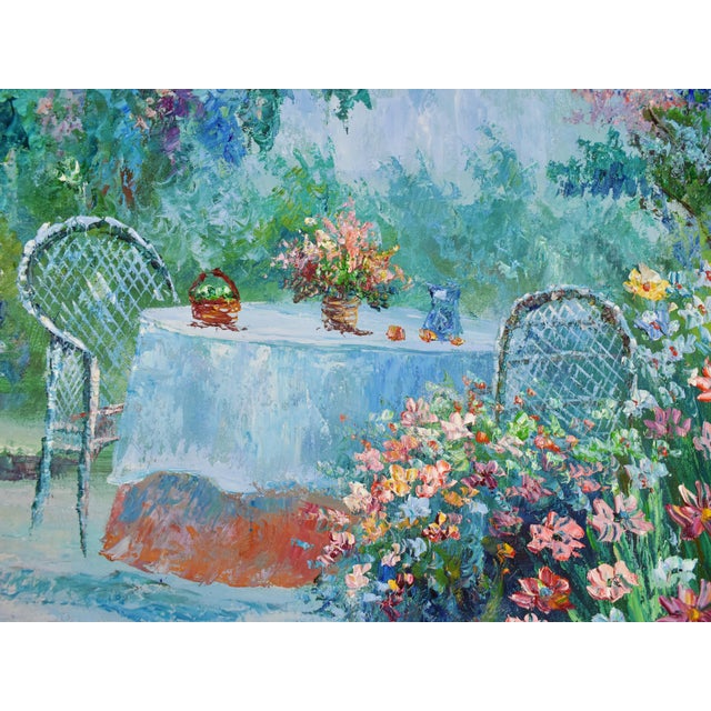 Mid 20th Century Framed Oil Painting Impressionist Courtyard Scenic Garden With Seaside View For Sale - Image 4 of 8