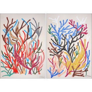 2025, Colorful Marine Vegetations, Large Diptych Coral Reef, Gouache Crayon on Watercolor Paper by Romina Milano- Set of 2 For Sale