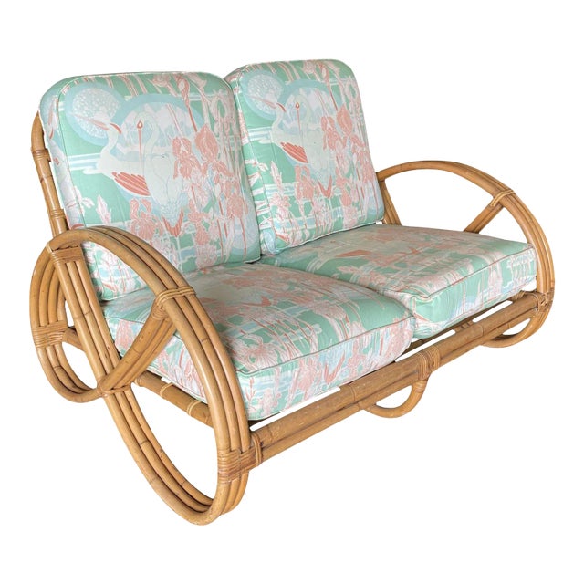 1950s Restored Modernist 3-Strand Round Full Pretzel Rattan Settee For Sale