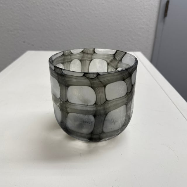 Contemporary Smoke Gray + White Geometric Art Glass Bowl Vase For Sale - Image 4 of 12