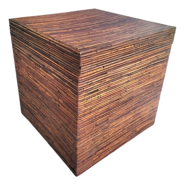 Large Vintage Pencil Reed Gabriella Crespo Style British Colonial Storage Cube Side Table For Sale