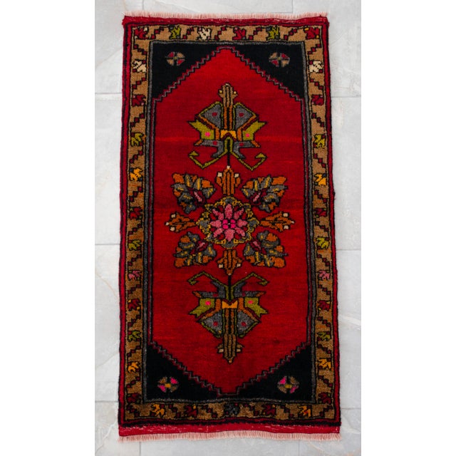 Red Hand Knotted Small Turkish Rug. Organic Wool 1960's Entryway Decor DoorMat, Accent Rug - 22'' X 42'' For Sale - Image 8 of 12