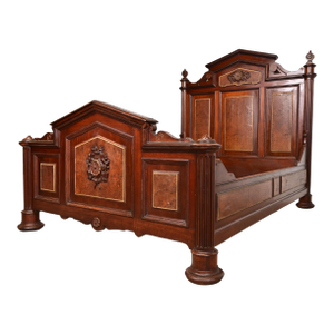 Herter Brothers Style Antique Victorian Carved Walnut and Burl Wood Full Size Bed, Circa 1880s