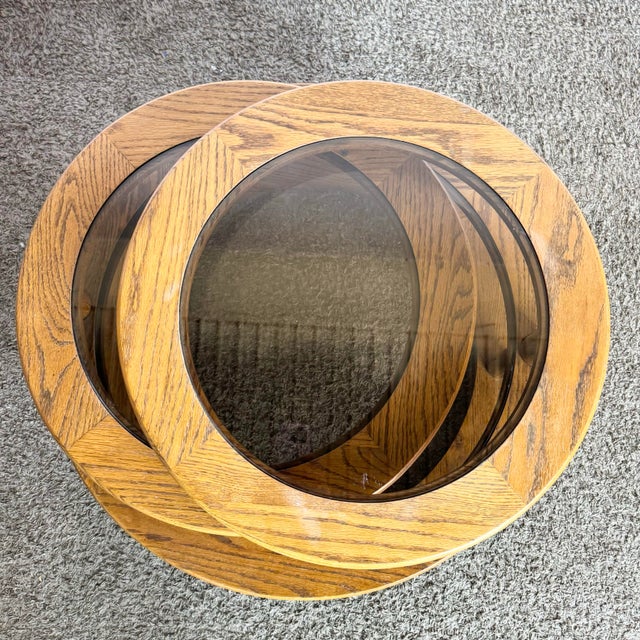 Mid Century Modern Three Tier Oak and Smoked Glass Swivel Coffee Table For Sale - Image 4 of 10