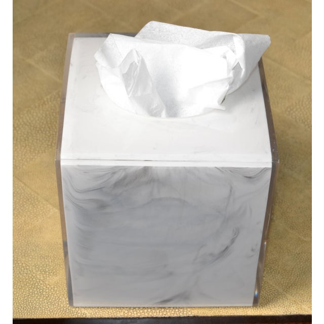 Vintage White Faux Marble Lucite Encased Tissue Box Cover Boutique Box For Sale - Image 11 of 13