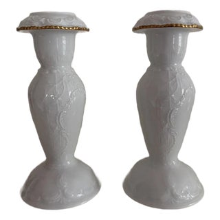 1980s Pair of Rosenthal Classic Rose Candle Stick Holder Gold Accents 6" H Germany For Sale