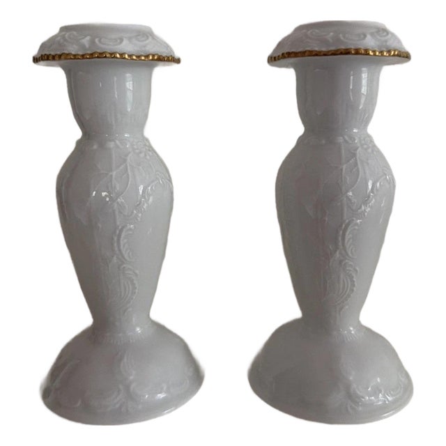 1980s Pair of Rosenthal Classic Rose Candle Stick Holder Gold Accents 6" H Germany For Sale