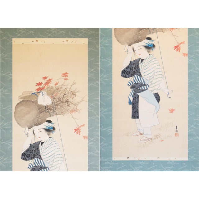 "Oharame" by Ogata Kaho, Meiji to Taisho Era Japanese Silk Painting in Wooden Case For Sale - Image 4 of 15