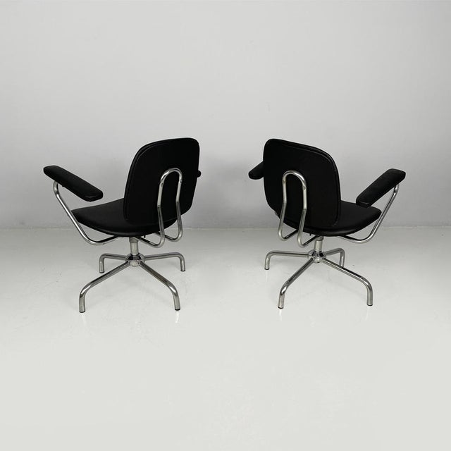 1960s Italian Modern Swivel Office Chairs in Steel and Faux Leather, 1960s, Set of 2 For Sale - Image 5 of 17