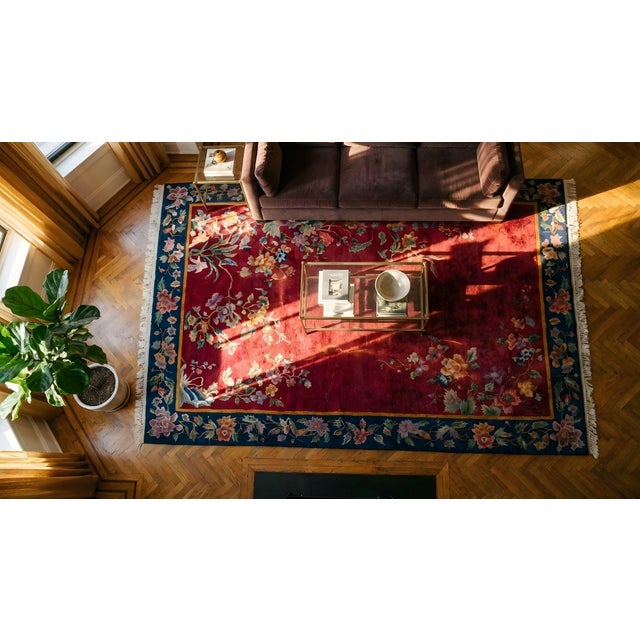1920s Ruby Red Floral Antique Chinese Art Deco Carpet 8'10" X 11'2" Handknotted Pile Wool Rug For Sale - Image 11 of 12