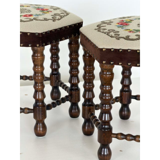Scandinavian Modern Needlepoint Tapestry Stools with Bobbin-Turned Legs, 1950s For Sale - Image 10 of 11