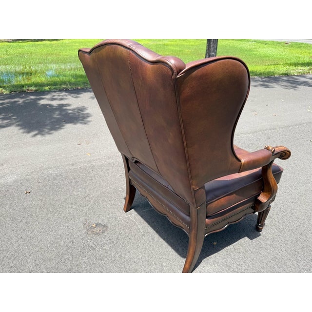 Animal Skin Traditional Leather Wingback Armchair For Sale - Image 7 of 12
