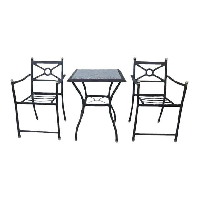 1980s Bistro Set Marble Table and Two Chair by Hampton Bay New Paint Black Metal, 3 Pieces For Sale