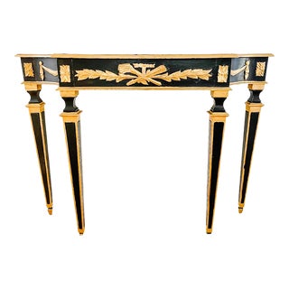 French Neoclassical Black & Gold Demilune Console Table For Sale