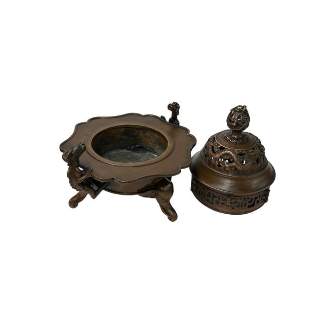 Asian Vintage Bronze Metal Tri-Leg Ding Shape Incense Burner Display Art For Sale - Image 3 of 7