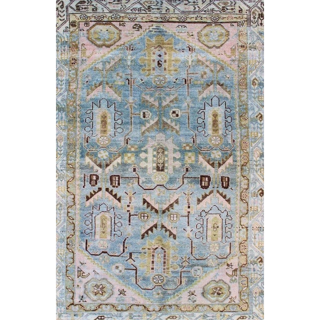 Antique Geometric Design Persian Malayer Rug in Light Blue, Pink, and Green For Sale - Image 4 of 13