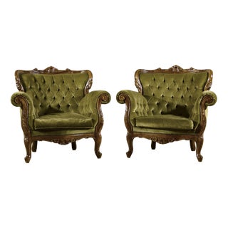 Louis Philippe Style Capitonne Armchairs in Carved Wood and Velvet, Late 19th Century, Set of 2 For Sale