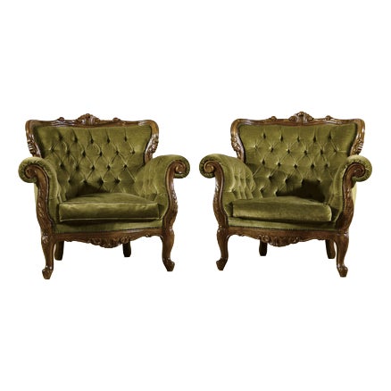 Louis Philippe Style Capitonne Armchairs in Carved Wood and Velvet, Late 19th Century, Set of 2 For Sale