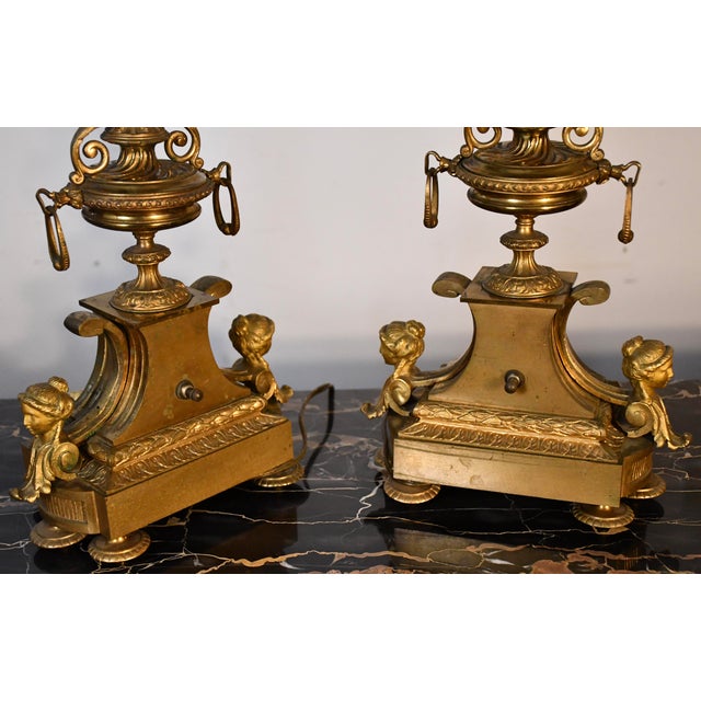 1900s Pair of Antique French Louis XV Brass Candelabras / Table Lamps For Sale - Image 12 of 12