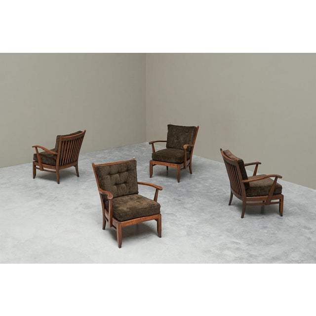 Vintage French Lounge Chairs in Oak and Velvet, 1940s, Set of 4 For Sale - Image 4 of 11
