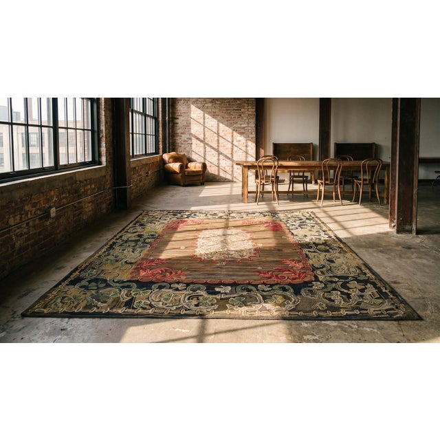 Lovely Ligth Brown & Rustic Floral-Medallion Pattern Antique American Hooked Rug For Sale In New York - Image 6 of 8