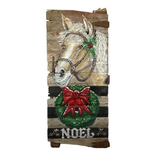 Vintage Americana Folk Art Large Scale Christmas Decor Painting on Patinated Pine Barn Door, Signed For Sale