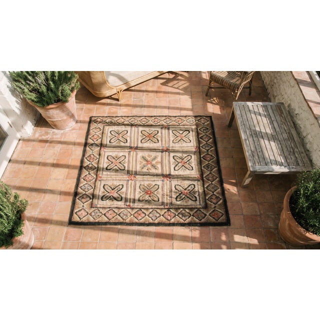 1890s Multicolored Geometric Antique American Hooked Rug 4'6" X 5'6" Handknotted Wool Carpet For Sale - Image 9 of 10