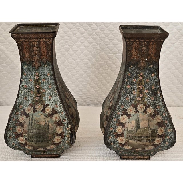 Pair of Antique European Toleware Floral Vases With Architectural Views For Sale - Image 4 of 5