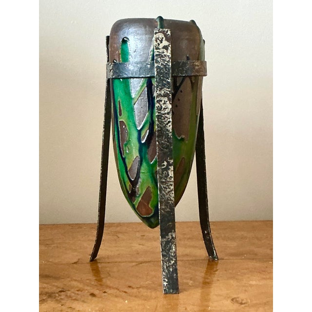 Vintage Boho Drip Glaze Vase in Stand For Sale - Image 4 of 7