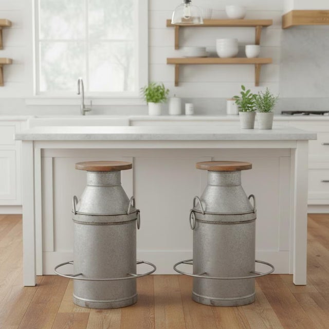 Transform your kitchen or home bar into a rustic sanctuary with our exclusive Set of 2 Upcycled Vintage Metal Milk Can Bar...