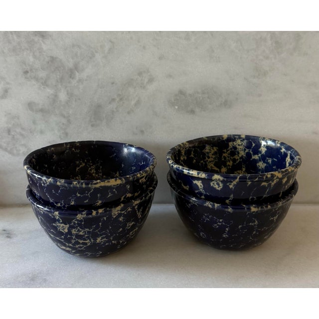 Set of 4 handcrafted Bennington Potters Blue Agate earthenware bowls featuring the distinctive marbled cobalt blue...