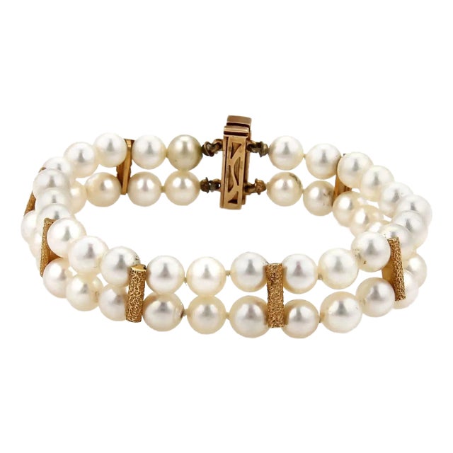 Double Strand 14k Yellow Gold 6mm Pearl Bracelet For Sale