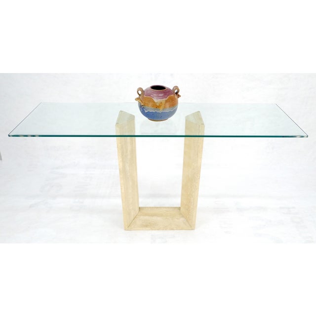 Mid 20th Century Travertine Sculptural Low Profile U Shape Base Glass Top Console Table MINT For Sale - Image 5 of 14