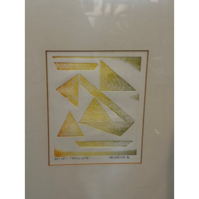 Pair of signed 1976 artists proof of color etchings featuring soft geometric abstraction in warm yellow, sage, and ivory...
