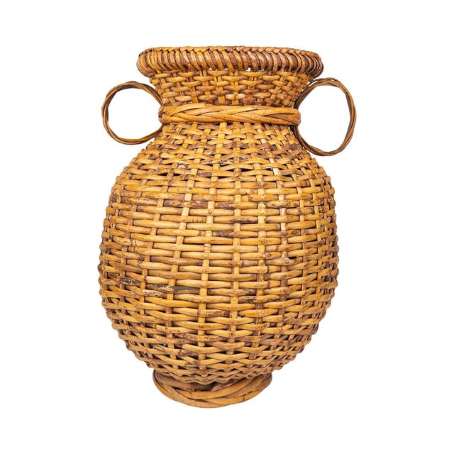 Vintage Boho Handwoven Rattan Amphora Basket For Sale - Image 4 of 9