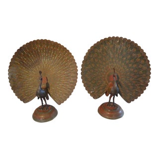 Pair of Antique Anglo-Indian Etched and Polychrome Brass Peacock Figures For Sale